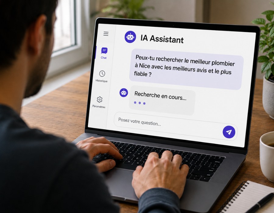 Personne posant une question à un assistant IA sur ordinateur portable