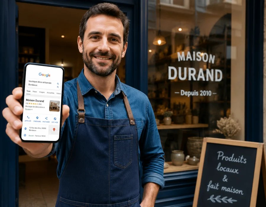 Artisan présentant sa fiche Google sur smartphone